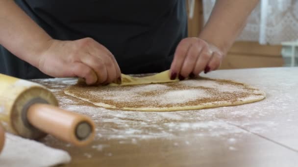 Primi piani mani di donne arrotolando la pasta con cannella e pasticceria di cottura da zucchero — Video Stock