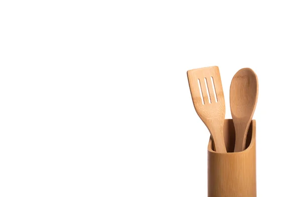 Kitchen spoon and spatula in stand isolated on white background copy space — Stock Photo, Image