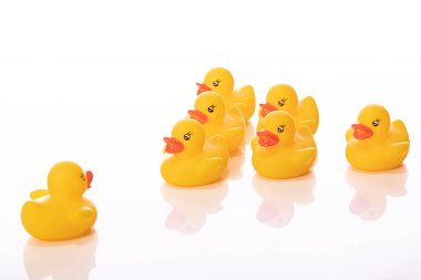 Komuta konsepti Bir sarı lastik ördek durağı ördek yavrularının önünde.