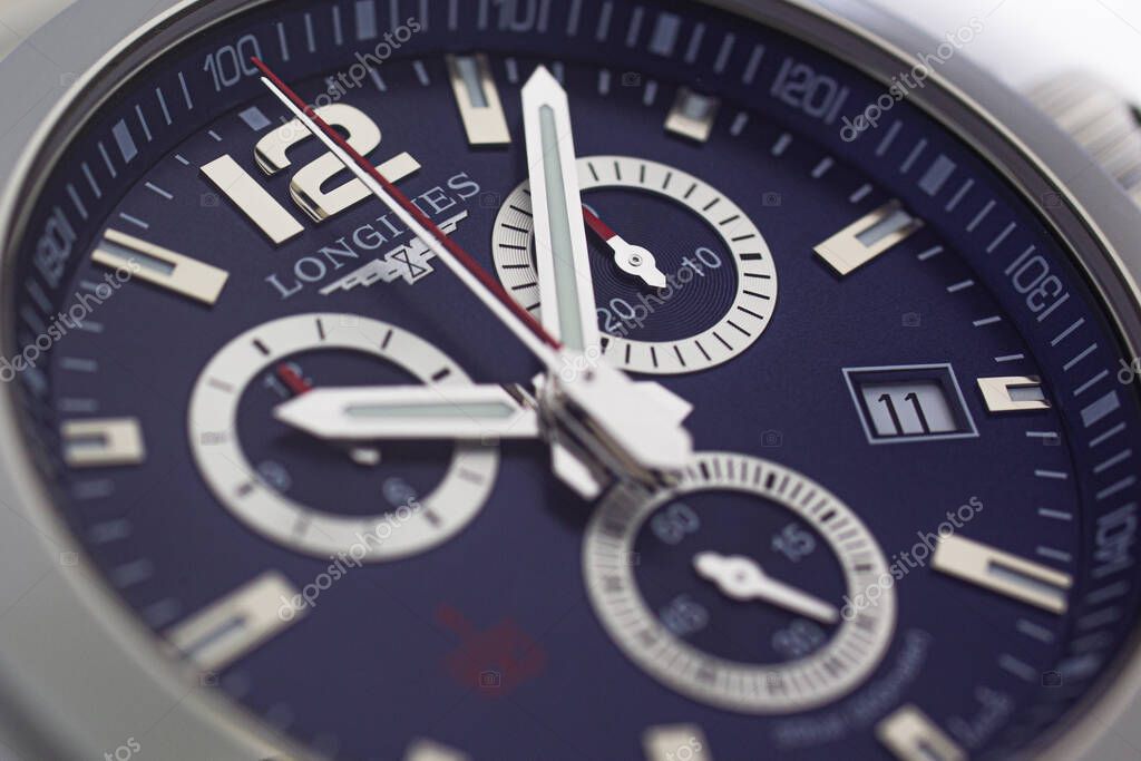 Paris, France 01.10.2020 - Longines mens wrist watch Date function indicating 11. Stopwatch per hundredth of second red arrow. Swiss made concept. Spend time concept.