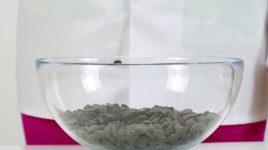 Yakın plan çikolatacı beyaz arka plana siyah çikolata parçaları döker, yavaş çekim