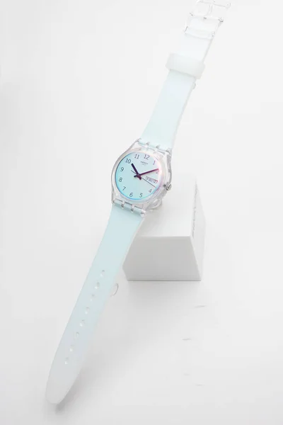 New York, NY, USA 07.10.2020 - Swatch swiss made quartz watch on stand. — 스톡 사진
