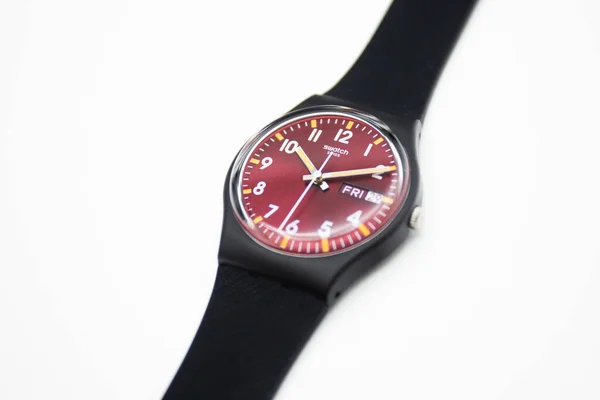 New York, NY, USA 07.10.2020 - Swatch swiss quartz watch ruby cherry color dial — 스톡 사진