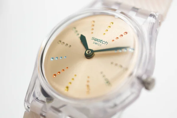 Paris, France 07.10.2020 - Swatch trendy transparent plastic swiss quartz watch — стокове фото