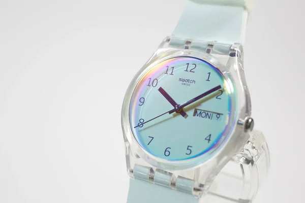 New York, NY, USA 07.10.2020 - Часы Swatch transparent plastic case quartz watch — стоковое фото