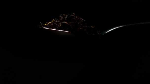 Black leaf tea with dried petals falling down from teaspoon isolated on black — Stock Video