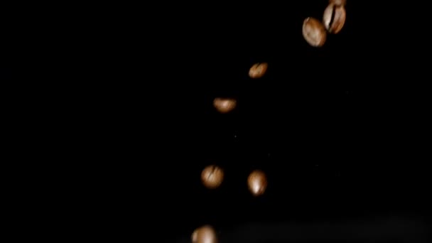 Pražená kávová zrna padající zpomaleně izolované na černém pozadí — Stock video