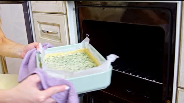 Kvinnliga händer sätta quiche paj med spenat och gorgonzola i ugn — Stockvideo