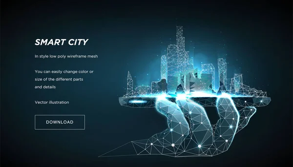 파란색 배경에 스마트 시티 낮은 폴 리 와이어 프레임입니다. 도시 미래 추상 또는 대도시입니다. 개념은 휴대 전화에서 도시를 관리 합니다. 다각형 공간 연결된 점 들과 라인 낮은 폴 리. 3 차원 벡터 — 스톡 벡터