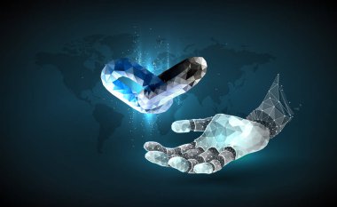Robot kol. Yapay zeka kavramı. Zinciri. Blockchain teknoloji. Dünya gezegeni. Blockchain bağlantı. Internet teknoloji zinciri simgesi poligonal köprü güvenlik iş ağ kavramı. Düşük poli