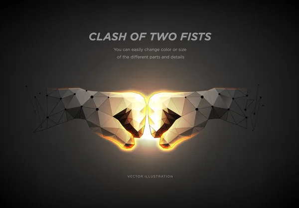 Fist to fist symbol. Low poly wireframe art on dark background. The concept of rivalry or competitors or team or partners. Polygonal illustration with connected dots and polygon lines. Vector — Stock Vector