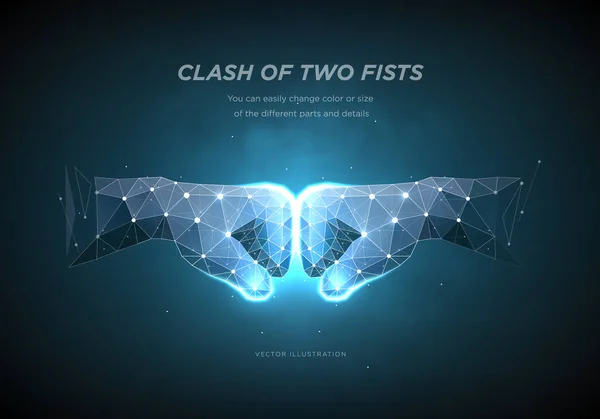 Clash of two fists. Low poly wireframe art on dark background.  The concept of conflict or resistance or competition or struggle. Polygonal illustration with connected dots and polygon lines. Vector — Stock Vector