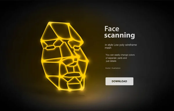 Visage bas illustration d'art poly. Concept de détection de visage par balayage progrès de la technologie, tête humaine. Reconnaissance faciale. Espace polygonal bas poly avec points connectés et lignes polygonales. Vecteur 3D — Image vectorielle