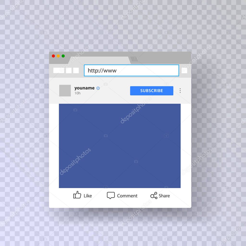 A browser window with an open social network profile. Place for website address. Mock up for photo frame based on social network. vector illustration isolated on transparent background.