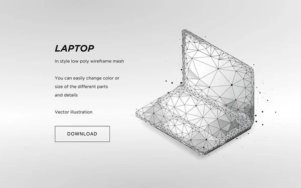 Szkielet low poly laptopa na jasnym tle. Ilustracja laptopa. Koncepcja sieci tehnology. Przyszłość symbol lub innowacji. Splotu linie i punkty w gwiazdozbiorze. Wektor cząstek — Wektor stockowy