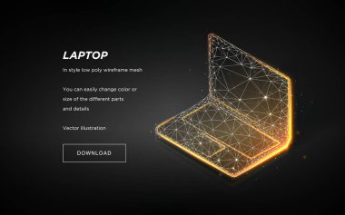 Dizüstü düşük poli tel kafes koyu arka plan üzerinde. Dizüstü yüksek teknoloji illüstrasyon. Kavramı Internet, dijital, cihazlar, bilgisayar. Sembol gelecek ya da yenilik. Pleksus çizgileri ve noktaları takımyıldızı yönünde. Vektör