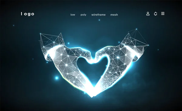 Hands of shape Heart. Abstract on dark blue background. Low poly wireframe. Gesture hands. Love symbol. Plexus lines and points in the constellation. Particles are connected in a geometric shape. — Stock Vector