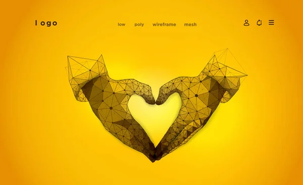 Hands Shape Heart Abstract Gradient Yellow Background Low Poly Wireframe — Stock Vector