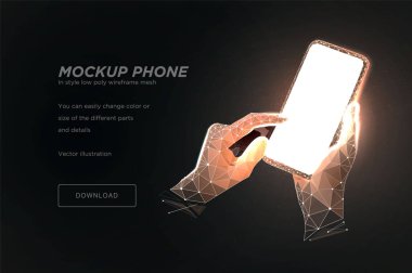 Cep telefonu koyu siyah arka plan üzerinde düşük poli tel kafes sanat. Boş beyaz boş ekrana sahip akıllı telefon, adam elini ve parmaklarını tutuyor. Bağlı nokta ve çizgilerle çokgen çizim. 3b vektör