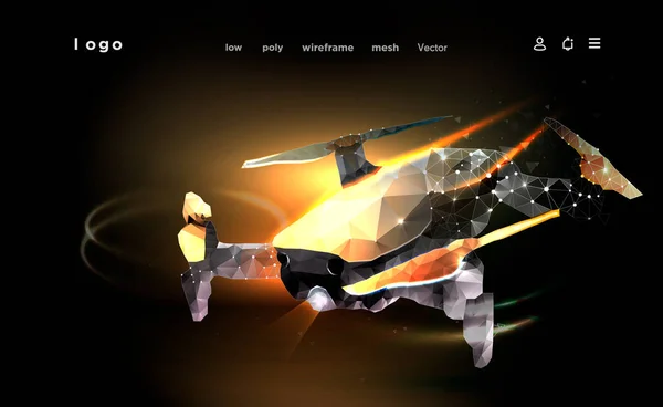 Illustration Quadrocopter low poly art. Drone volant 3D sur fond dégradé sombre. Espace polygonal bas poly avec points connectés et lignes polygonales. Copter vectoriel de maille de fil de couleur — Image vectorielle