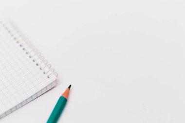 Bir whit üzerinde bir açık sarmal boş bir not defteri bir kalem ile Üstten Görünüm