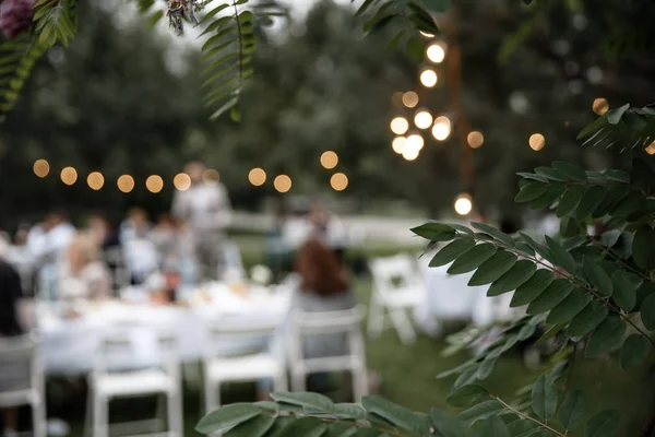 Un mucchio di foglie in primo piano. Un sacco di tavoli serviti con alcuni ospiti sono sullo sfondo . — Foto Stock