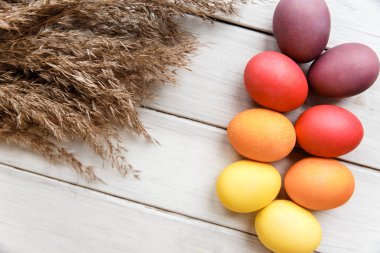 Renkli yumurta bir demet bazı buğday spikelets closeup yanında beyaz bir ahşap masa üzerinde yumurtlama vardır. Paskalya kutlama konsepti.