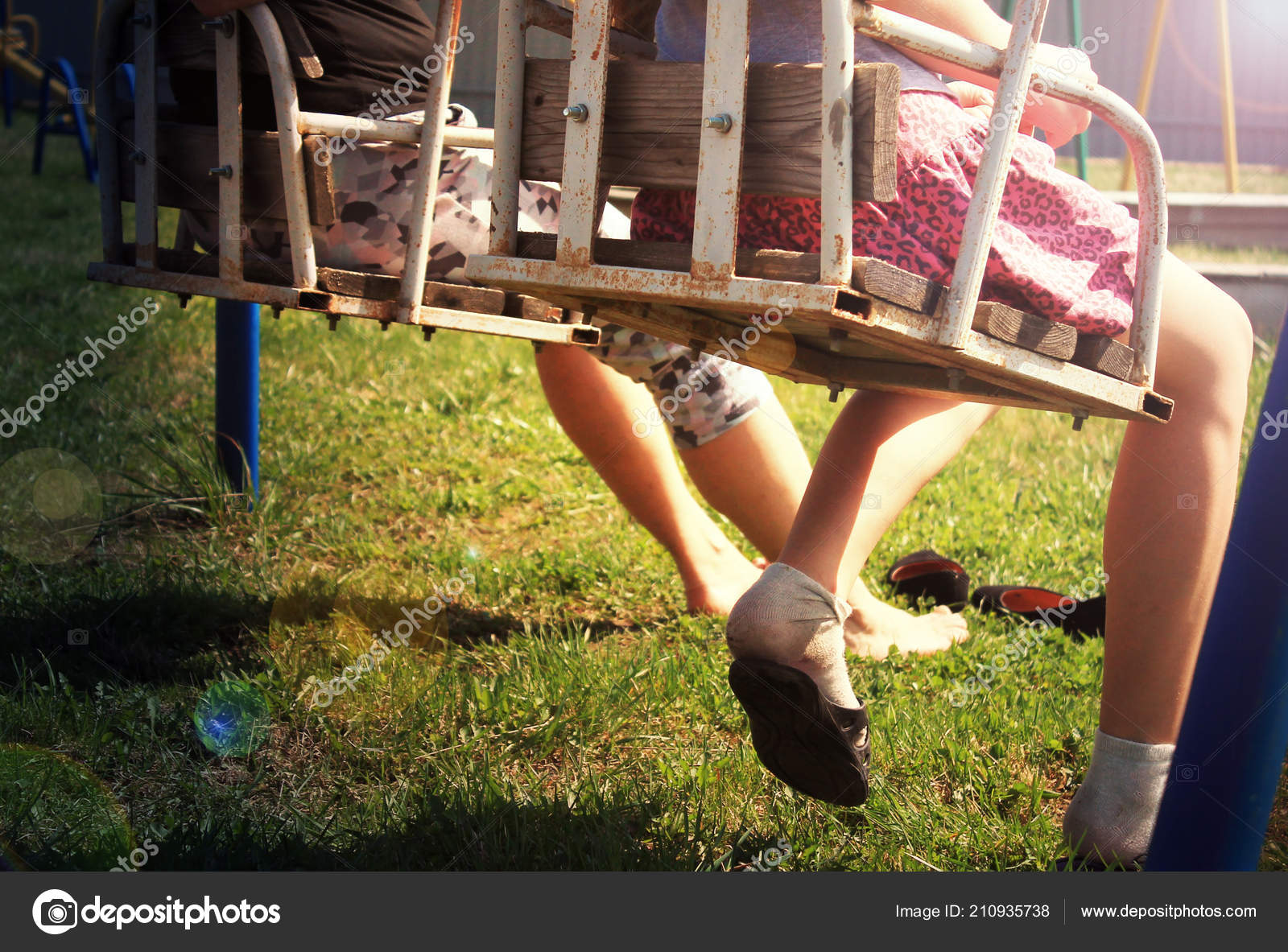 Bare Feet Women Girls Legs Socks Swinging Swings Sun Stock