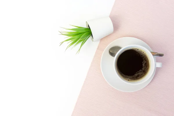 White Ceramic Cup Coffee Green Fake Plant White Pot White — Stock Photo, Image