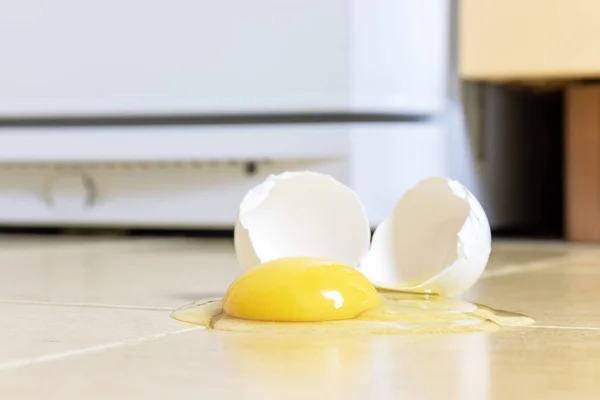 Broken egg on the kitchen floor.