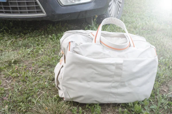 Luggage bag standing on the grass, a car in the background. Travel concept.