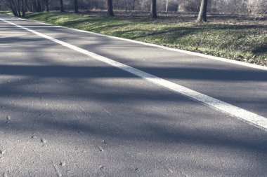 Asfalt geçit parkta. Sabah ile güneş parlar ve yeşil çim, asfalt yol.