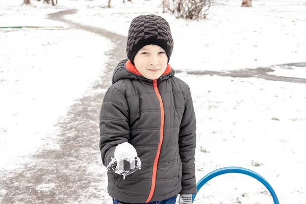 Caucasian Boy Sculpts Snowballs Outdoor Winter Activities Sports Concept — Stock Photo, Image