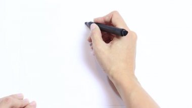Kadın eli kızgın emoji beyaz arka plan üzerinde siyah kalemi ile çizim.