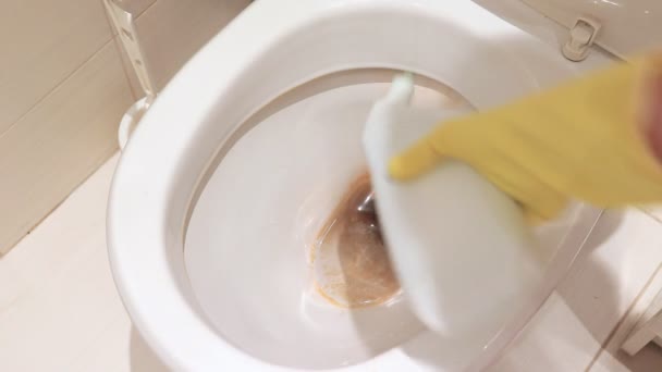 Frau Hand Gelben Gummihandschuh Reinigt Eine Schmutzige Toilettenschüssel Mit Einem — Stockvideo