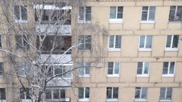 Nieve Fuerte Ciudad Invierno Nevado Paisaje Ciudad Casas Cubiertas Nieve — Vídeos de Stock