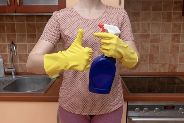 Cleaning Kitchen Fat Remover Spray Young Woman Yellow Rubber Gloves — Stock Photo, Image