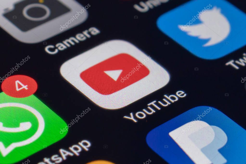 MOSCOW, RUSSIA - JANUARY 11, 2018: Youtube application icon on lcd screen close up.