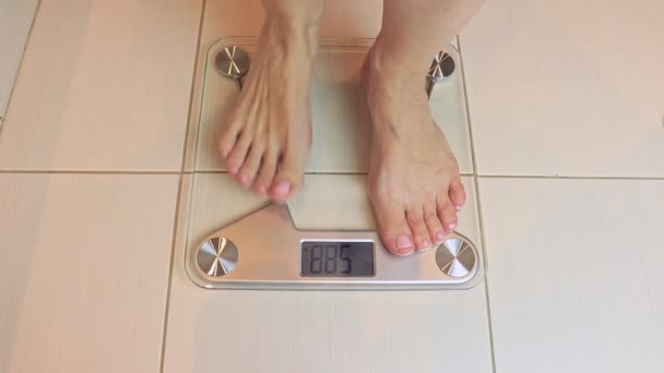 Woman Bare Feet Standing Scales Weighed Bathroom Scales Show Diet — Stock Video