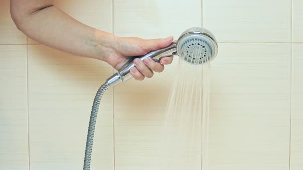 Main Une Femme Tient Une Pomme Douche Dans Salle Bain — Video