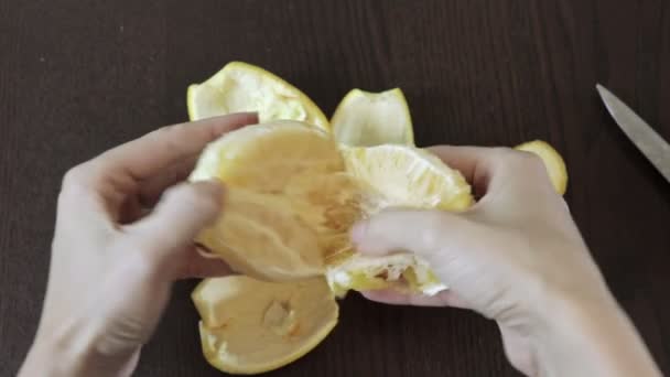 Dames handen de oranje te verdelen in segmenten na peeling — Stockvideo