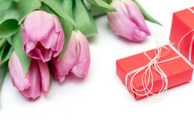 Lila bahar Lale ve kırmızı hediye kutuları beyaz masada oluşan kadın ya da anne gün kavramı.