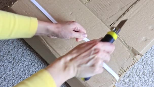 Bir karton kutu ile yeni mobilya yeni evine taşınıyor ve yeni mobilya satın alma inşaat veya office bıçakla - unboxing — Stok video