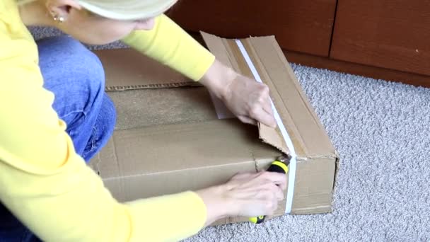 Mulher unboxing uma caixa de papelão com móveis novos com construção ou faca de escritório - movendo-se para casa nova e compra de móveis novos — Vídeo de Stock
