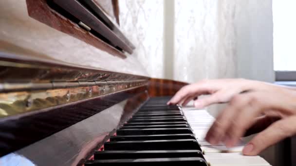 Mains de femme caucasienne jouant du piano, gros plan, vue de côté — Video