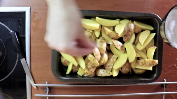 Mão feminina adicionando sal e especiarias aos pedaços rústicos de batata na frigideira ou na assadeira — Vídeo de Stock