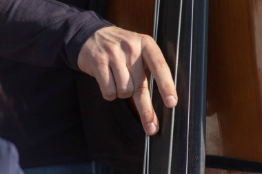 Kontrbas, el çalma ve plunk kontrbas dizeleri, müzik aleti çalar yakın