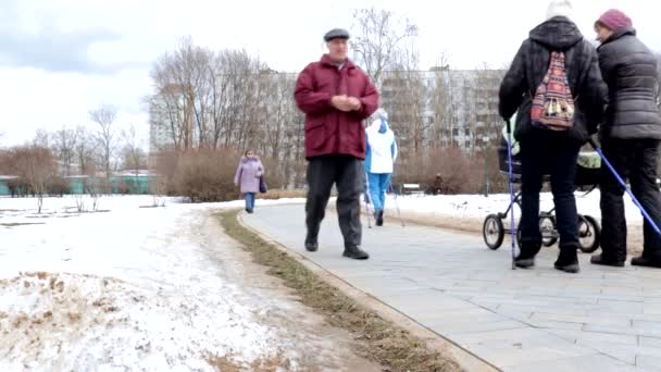 러시아 모스크바 - 2019년 3월 21일: 겨울 공원에서 걷는 사람들, 도시에서의 주말 활동 — 비디오