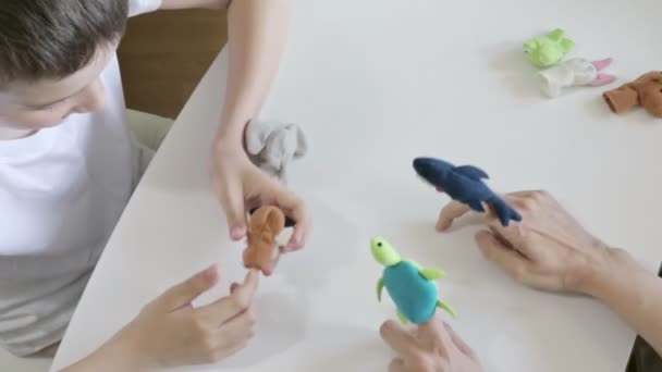 A caucasian boy playing with psychologist, psychotherapist different roles by using finger puppets, toys for expressing his emotions, agression, fear and freandship as a part of psychotherapy — Stock Video