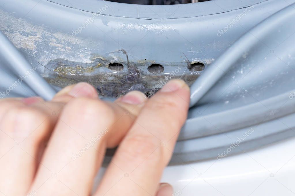 Dirty moldy washing machine sealing rubber and drum close up. Mold, dirt and limescale in washing machine. Home appliances periodic maintenance